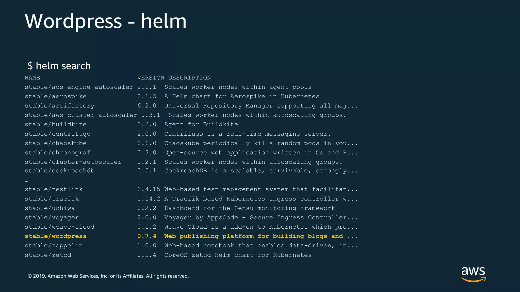 © 2019, Amazon Web Services, Inc. or its Affiliates. All rights reserved.
Wordpress - helm
$ helm search
NAME VERSION DESCRIPTION
stable/acs-engine-autoscaler 2.1.1 Scales worker nodes within agent pools
stable/aerospike 0.1.5 A Helm chart for Aerospike in Kubernetes
stable/artifactory 6.2.0 Universal Repository Manager supporting all maj...
stable/aws-cluster-autoscaler 0.3.1 Scales worker nodes within autoscaling groups.
stable/buildkite 0.2.0 Agent for Buildkite
stable/centrifugo 2.0.0 Centrifugo is a real-time messaging server.
stable/chaoskube 0.6.0 Chaoskube periodically kills random pods in you...
stable/chronograf 0.3.0 Open-source web application written in Go and R...
stable/cluster-autoscaler 0.2.1 Scales worker nodes within autoscaling groups.
stable/cockroachdb 0.5.1 CockroachDB is a scalable, survivable, strongly...
…
stable/testlink 0.4.15 Web-based test management system that facilitat...
stable/traefik 1.14.2 A Traefik based Kubernetes ingress controller w...
stable/uchiwa 0.2.2 Dashboard for the Sensu monitoring framework
stable/voyager 2.0.0 Voyager by AppsCode - Secure Ingress Controller...
stable/weave-cloud 0.1.2 Weave Cloud is a add-on to Kubernetes which pro...
stable/wordpress 0.7.4 Web publishing platform for building blogs and ...
stable/zeppelin 1.0.0 Web-based notebook that enables data-driven, in...
stable/zetcd 0.1.4 CoreOS zetcd Helm chart for Kubernetes
 