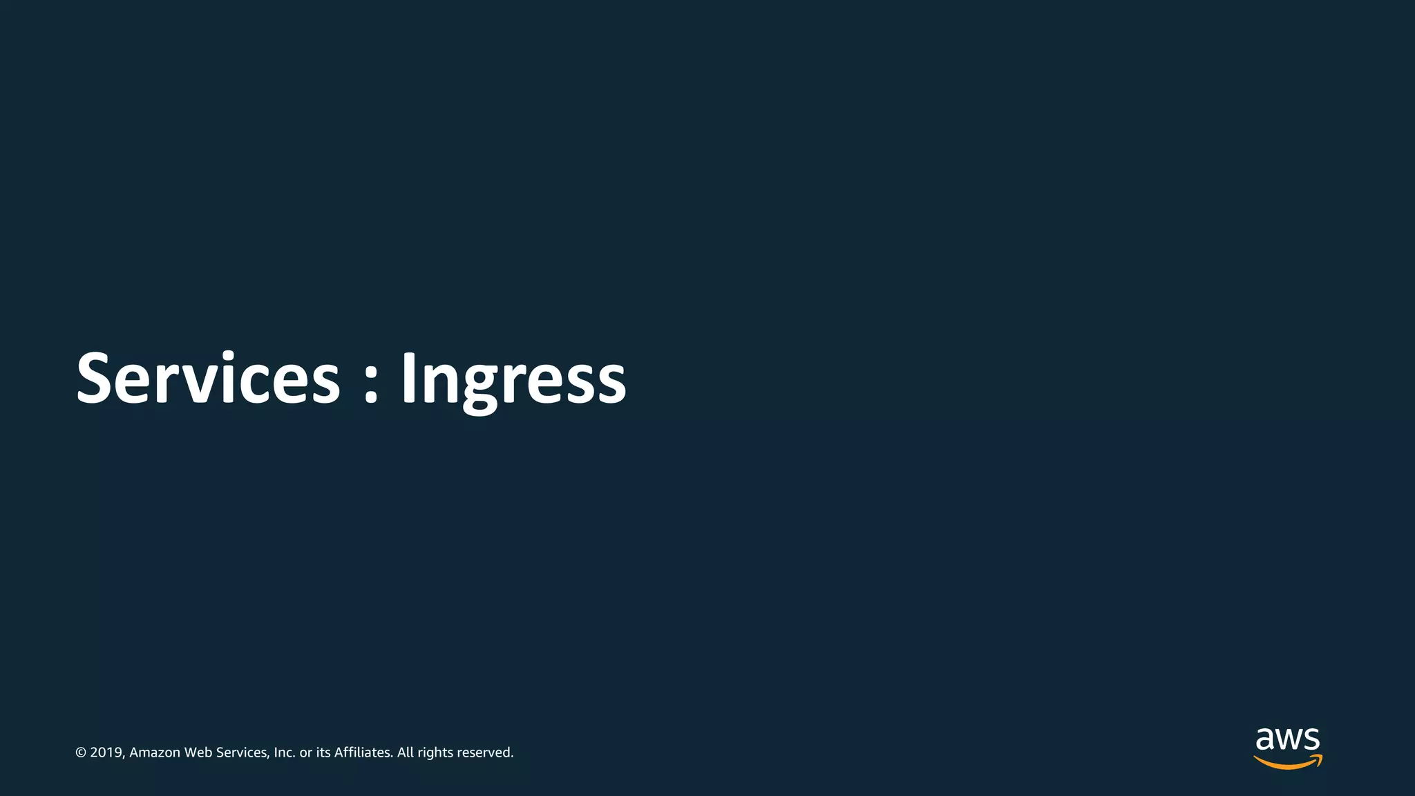 © 2019, Amazon Web Services, Inc. or its Affiliates. All rights reserved.
Services : Ingress
 