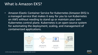 © 2019, Amazon Web Services, Inc. or its Affiliates. All rights reserved.
What is Amazon EKS?
• Amazon Elastic Container Service for Kubernetes (Amazon EKS) is
a managed service that makes it easy for you to run Kubernetes
on AWS without needing to stand up or maintain your own
Kubernetes control plane. Kubernetes is an open-source system
for automating the deployment, scaling, and management of
containerized applications.
 