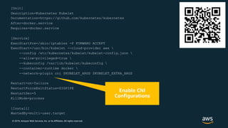 © 2019, Amazon Web Services, Inc. or its Affiliates. All rights reserved.
[Unit]
Description=Kubernetes Kubelet
Documentation=https://github.com/kubernetes/kubernetes
After=docker.service
Requires=docker.service
[Service]
ExecStartPre=/sbin/iptables -P FORWARD ACCEPT
ExecStart=/usr/bin/kubelet --cloud-provider aws 
--config /etc/kubernetes/kubelet/kubelet-config.json 
--allow-privileged=true 
--kubeconfig /var/lib/kubelet/kubeconfig 
--container-runtime docker 
--network-plugin cni $KUBELET_ARGS $KUBELET_EXTRA_ARGS
Restart=on-failure
RestartForceExitStatus=SIGPIPE
RestartSec=5
KillMode=process
[Install]
WantedBy=multi-user.target
 
