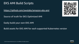 © 2019, Amazon Web Services, Inc. or its Affiliates. All rights reserved.
EKS AMI Build Scripts
https://github.com/awslabs/amazon-eks-ami
Source of truth for EKS Optimized AMI
Easily build your own EKS AMI
Build assets for EKS AMI for each supported Kubernetes version
 