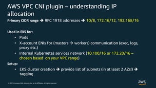 © 2019, Amazon Web Services, Inc. or its Affiliates. All rights reserved.
AWS VPC CNI plugin – understanding IP
allocation
Primary CIDR range è RFC 1918 addresses è 10/8, 172.16/12, 192.168/16
Used in EKS for:
• Pods
• X-account ENIs for (masters à workers) communication (exec, logs,
proxy etc.)
• Internal Kubernetes services network (10.100/16 or 172.20/16 –
chosen based on your VPC range)
Setup:
• EKS cluster creation è provide list of subnets (in at least 2 AZs!) è
tagging
 