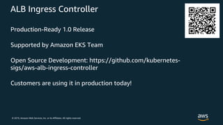 © 2019, Amazon Web Services, Inc. or its Affiliates. All rights reserved.
ALB Ingress Controller
Production-Ready 1.0 Release
Supported by Amazon EKS Team
Open Source Development: https://github.com/kubernetes-
sigs/aws-alb-ingress-controller
Customers are using it in production today!
 