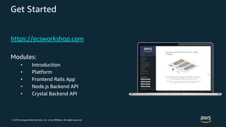 © 2019, Amazon Web Services, Inc. or its Affiliates. All rights reserved.
Get Started
https://ecsworkshop.com
Modules:
• Introduction
• Platform
• Frontend Rails App
• Node.js Backend API
• Crystal Backend API
 
