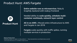 © 2019, Amazon Web Services, Inc. or its Affiliates. All rights reserved.
Entire website runs as microservices. Ruby &
GraphQL backend with node.js frontend
Needed ability to scale quickly, schedule multi-
container workloads, network layer control
All in on AWS—Moved entire infrastructure to AWS
and Fargate in Jan 2018
Fargate scales quickly with traffic spikes, running
multiple services in production
Product Hunt: AWS Fargate
 