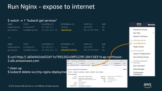 © 2019, Amazon Web Services, Inc. or its Affiliates. All rights reserved.
Run Nginx - expose to internet
$ watch -n 1 “kubectl get services“
NAME TYPE CLUSTER-IP EXTERNAL-IP PORT(S) AGE
kubernetes ClusterIP 10.100.0.1 <none> 443/TCP 2h
my-nginx LoadBalancer 10.100.211.73 <pending> 80:31743/TCP 7m
…
NAME TYPE CLUSTER-IP EXTERNAL-IP PORT(S) AGE
kubernetes ClusterIP 10.100.0.1 <none> 443/TCP 2h
my-nginx LoadBalancer 10.100.211.73 a60e942cbd32d... 80:31743/TCP 7m
$ curl http:// a60e942cbd32d11e7992202c08f5229f-284158314.ap-northeast-
2.elb.amazonaws.com
* clean up
$ kubectl delete svc/my-nginx deployment/my-nginx
 