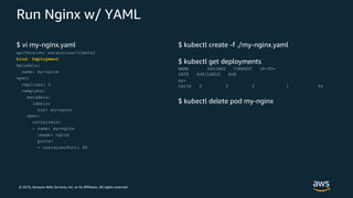 © 2019, Amazon Web Services, Inc. or its Affiliates. All rights reserved.
Run Nginx w/ YAML
$ vi my-nginx.yaml
apiVersion: extensions/v1beta1
kind: Deployment
metadata:
name: my-nginx
spec:
replicas: 2
template:
metadata:
labels:
run: my-nginx
spec:
containers:
- name: my-nginx
image: nginx
ports:
- containerPort: 80
$ kubectl create -f ./my-nginx.yaml
$ kubectl get deployments
NAME DESIRED CURRENT UP-TO-
DATE AVAILABLE AGE
my-
nginx 2 2 2 1 6s
$ kubectl delete pod my-nginx
 