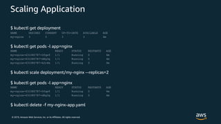 © 2019, Amazon Web Services, Inc. or its Affiliates. All rights reserved.
Scaling Application
$ kubectl get deployment
NAME DESIRED CURRENT UP-TO-DATE AVAILABLE AGE
my-nginx 3 3 3 3 4m
$ kubectl get pods -l app=nginx
NAME READY STATUS RESTARTS AGE
my-nginx-431080787-0fqx9 1/1 Running 0 4m
my-nginx-431080787-d8g3q 1/1 Running 0 4m
my-nginx-431080787-k2r4m 1/1 Running 0 4m
$ kubectl scale deployment/my-nginx --replicas=2
$ kubectl get pods -l app=nginx
NAME READY STATUS RESTARTS AGE
my-nginx-431080787-0fqx9 1/1 Running 0 4m
my-nginx-431080787-d8g3q 1/1 Running 0 4m
$ kubectl delete -f my-nginx-app.yaml
 
