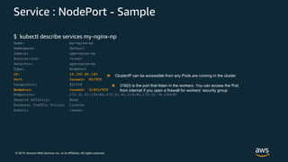 © 2019, Amazon Web Services, Inc. or its Affiliates. All rights reserved.
Service : NodePort - Sample
$ kubectl describe services my-nginx-np
Name: my-nginx-np
Namespace: default
Labels: app=nginx-np
Annotations: <none>
Selector: app=nginx-np
Type: NodePort
IP: 10.100.90.163
Port: <unset> 80/TCP
TargetPort: 80/TCP
NodePort: <unset> 31923/TCP
Endpoints: 172.31.31.134:80,172.31.41.219:80,172.31.76.169:80
Session Affinity: None
External Traffic Policy: Cluster
Events: <none>
ClusterIP can be accessible from any Pods are running in the cluster
31923 is the port that listen in the workers. You can access the Pod
from internet if you open a firewall for workers’ security group
 