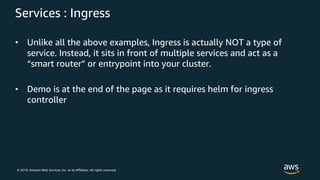 © 2019, Amazon Web Services, Inc. or its Affiliates. All rights reserved.
Services : Ingress
• Unlike all the above examples, Ingress is actually NOT a type of
service. Instead, it sits in front of multiple services and act as a
“smart router” or entrypoint into your cluster.
• Demo is at the end of the page as it requires helm for ingress
controller
 
