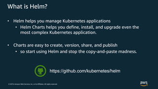 © 2019, Amazon Web Services, Inc. or its Affiliates. All rights reserved.
What is Helm?
• Helm helps you manage Kubernetes applications
• Helm Charts helps you define, install, and upgrade even the
most complex Kubernetes application.
• Charts are easy to create, version, share, and publish
• so start using Helm and stop the copy-and-paste madness.
https://github.com/kubernetes/helm
 