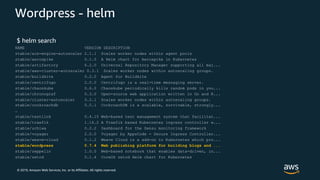 © 2019, Amazon Web Services, Inc. or its Affiliates. All rights reserved.
Wordpress - helm
$ helm search
NAME VERSION DESCRIPTION
stable/acs-engine-autoscaler 2.1.1 Scales worker nodes within agent pools
stable/aerospike 0.1.5 A Helm chart for Aerospike in Kubernetes
stable/artifactory 6.2.0 Universal Repository Manager supporting all maj...
stable/aws-cluster-autoscaler 0.3.1 Scales worker nodes within autoscaling groups.
stable/buildkite 0.2.0 Agent for Buildkite
stable/centrifugo 2.0.0 Centrifugo is a real-time messaging server.
stable/chaoskube 0.6.0 Chaoskube periodically kills random pods in you...
stable/chronograf 0.3.0 Open-source web application written in Go and R...
stable/cluster-autoscaler 0.2.1 Scales worker nodes within autoscaling groups.
stable/cockroachdb 0.5.1 CockroachDB is a scalable, survivable, strongly...
…
stable/testlink 0.4.15 Web-based test management system that facilitat...
stable/traefik 1.14.2 A Traefik based Kubernetes ingress controller w...
stable/uchiwa 0.2.2 Dashboard for the Sensu monitoring framework
stable/voyager 2.0.0 Voyager by AppsCode - Secure Ingress Controller...
stable/weave-cloud 0.1.2 Weave Cloud is a add-on to Kubernetes which pro...
stable/wordpress 0.7.4 Web publishing platform for building blogs and ...
stable/zeppelin 1.0.0 Web-based notebook that enables data-driven, in...
stable/zetcd 0.1.4 CoreOS zetcd Helm chart for Kubernetes
 