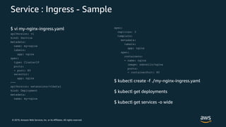 © 2019, Amazon Web Services, Inc. or its Affiliates. All rights reserved.
Service : Ingress - Sample
$ vi my-nginx-ingress.yaml
apiVersion: v1
kind: Service
metadata:
name: my-nginx
labels:
app: nginx
spec:
type: ClusterIP
ports:
- port: 80
selector:
app: nginx
---
apiVersion: extensions/v1beta1
kind: Deployment
metadata:
name: my-nginx
spec:
replicas: 3
template:
metadata:
labels:
app: nginx
spec:
containers:
- name: nginx
image: sdscello/nginx
ports:
- containerPort: 80
$ kubectl create -f ./my-nginx-ingress.yaml
$ kubectl get deployments
$ kubectl get services -o wide
 