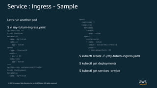 © 2019, Amazon Web Services, Inc. or its Affiliates. All rights reserved.
Service : Ingress - Sample
Let’s run another pod
$ vi my-tutum-ingress.yaml
apiVersion: v1
kind: Service
metadata:
name: my-tutum
labels:
app: tutum
spec:
type: ClusterIP
ports:
- port: 80
selector:
app: tutum
---
apiVersion: extensions/v1beta1
kind: Deployment
metadata:
name: my-tutum
spec:
replicas: 3
template:
metadata:
labels:
app: tutum
spec:
containers:
- name: tutum
image: tutum/hello-world
ports:
- containerPort: 80
$ kubectl create -f ./my-tutum-ingress.yaml
$ kubectl get deployments
$ kubectl get services -o wide
 