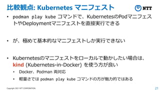 21
Copyright 2021 NTT CORPORATION
比較観点: Kubernetes マニフェスト
• podman play kube コマンドで、KubernetesのPodマニフェス
トやDeploymentマニフェストを直接実行できる
• が、極めて基本的なマニフェストしか実行できない
• Kubernetesのマニフェストをローカルで動かしたい場合は、
kind (Kubernetes-in-Docker) を使う方が良い
• Docker、Podman 両対応
• 軽量さでは podman play kube コマンドの方が魅力的ではある
 