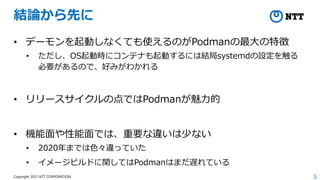 5
Copyright 2021 NTT CORPORATION
結論から先に
• デーモンを起動しなくても使えるのがPodmanの最大の特徴
• ただし、OS起動時にコンテナも起動するには結局systemdの設定を触る
必要があるので、好みがわかれる
• リリースサイクルの点ではPodmanが魅力的
• 機能面や性能面では、重要な違いは少ない
• 2020年までは色々違っていた
• イメージビルドに関してはPodmanはまだ遅れている
 