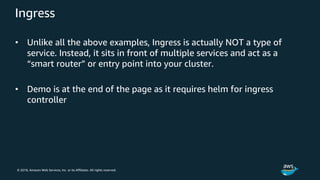 © 2018, Amazon Web Services, Inc. or its Affiliates. All rights reserved.
Ingress
• Unlike all the above examples, Ingress is actually NOT a type of
service. Instead, it sits in front of multiple services and act as a
“smart router” or entry point into your cluster.
• Demo is at the end of the page as it requires helm for ingress
controller
 
