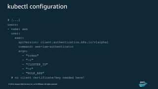 © 2018, Amazon Web Services, Inc. or its Affiliates. All rights reserved.
kubectl configuration
# [...]
users:
- name: aws
user:
exec:
apiVersion: client.authentication.k8s.io/v1alpha1
command: aws-iam-authenticator
args:
- "token"
- "-i"
- "CLUSTER_ID"
- "-r"
- "ROLE_ARN"
# no client certificate/key needed here!
 
