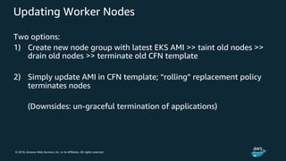 © 2018, Amazon Web Services, Inc. or its Affiliates. All rights reserved.
Updating Worker Nodes
Two options:
1) Create new node group with latest EKS AMI >> taint old nodes >>
drain old nodes >> terminate old CFN template
2) Simply update AMI in CFN template; “rolling” replacement policy
terminates nodes
(Downsides: un-graceful termination of applications)
 