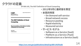 クラウドの定義
• 2011年9月に最終版を策定
• 本質的特質
• On-Demand self-service
• Broad network access
• Resource pooling
• Rapid elasticity
• Measured service
• サービス・モデル
• Software as a Service (SaaS)
• Platform as a Service (PaaS)
• Infrastructure as a Service (IaaS)
14
SP 800-145, The NIST Definition of Cloud Computing
https://csrc.nist.gov/publications/detail/sp/800-145/finalb
 