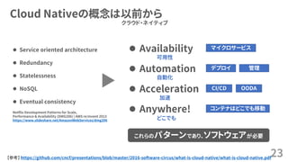 23
Netflix Development Patterns for Scale,
Performance & Availability (DMG206) | AWS re:Invent 2013
https://www.slideshare.net/AmazonWebServices/dmg206
 Service oriented architecture
 Redundancy
 Statelessness
 NoSQL
 Eventual consistency
【参考】 https://github.com/cncf/presentations/blob/master/2016-software-circus/what-is-cloud-native/what-is-cloud-native.pdf
これらのパターンであり、ソフトウェアが必要
 Availability
 Automation
 Acceleration
 Anywhere!
可用性
自動化
加速
どこでも
マイクロサービス
デプロイ 管理
CI/CD OODA
コンテナはどこでも移動
Cloud Nativeの概念は以前から
クラウド・ネイティブ
 
