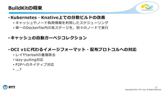 26
Copyright©2018 NTT Corp. All Rights Reserved.
• Kubernetes・Knative上での分散ビルドの改善
• キャッシュやノード負荷情報を利用したスケジューリング
• 単一のDockerfile内の各ステージを，別々のノードで実行
• キャッシュの自動ガーベジコレクション
• OCI v1に代わるイメージフォーマット・配布プロトコルへの対応
• レイヤtarballの重複除去
• lazy-pulling対応
• P2Pへのネイティブ対応
• ...?
BuildKitの将来
 