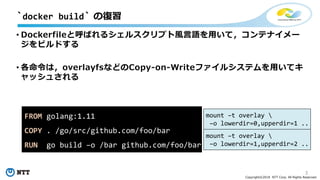 3
Copyright©2018 NTT Corp. All Rights Reserved.
• Dockerfileと呼ばれるシェルスクリプト風言語を用いて，コンテナイメー
ジをビルドする
• 各命令は，overlayfsなどのCopy-on-Writeファイルシステムを用いてキ
ャッシュされる
`docker build` の復習
mount –t overlay 
–o lowerdir=0,upperdir=1 ..
FROM golang:1.11
COPY . /go/src/github.com/foo/bar
RUN go build –o /bar github.com/foo/bar
mount –t overlay 
–o lowerdir=1,upperdir=2 ..
 