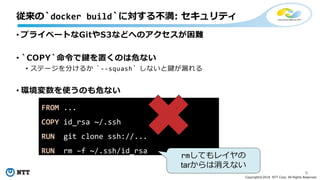 9
Copyright©2018 NTT Corp. All Rights Reserved.
• プライベートなGitやS3などへのアクセスが困難
• `COPY`命令で鍵を置くのは危ない
• ステージを分けるか `--squash` しないと鍵が漏れる
• 環境変数を使うのも危ない
従来の`docker build`に対する不満: セキュリティ
FROM ...
COPY id_rsa ~/.ssh
RUN git clone ssh://...
RUN rm –f ~/.ssh/id_rsa
rmしてもレイヤの
tarからは消えない
 