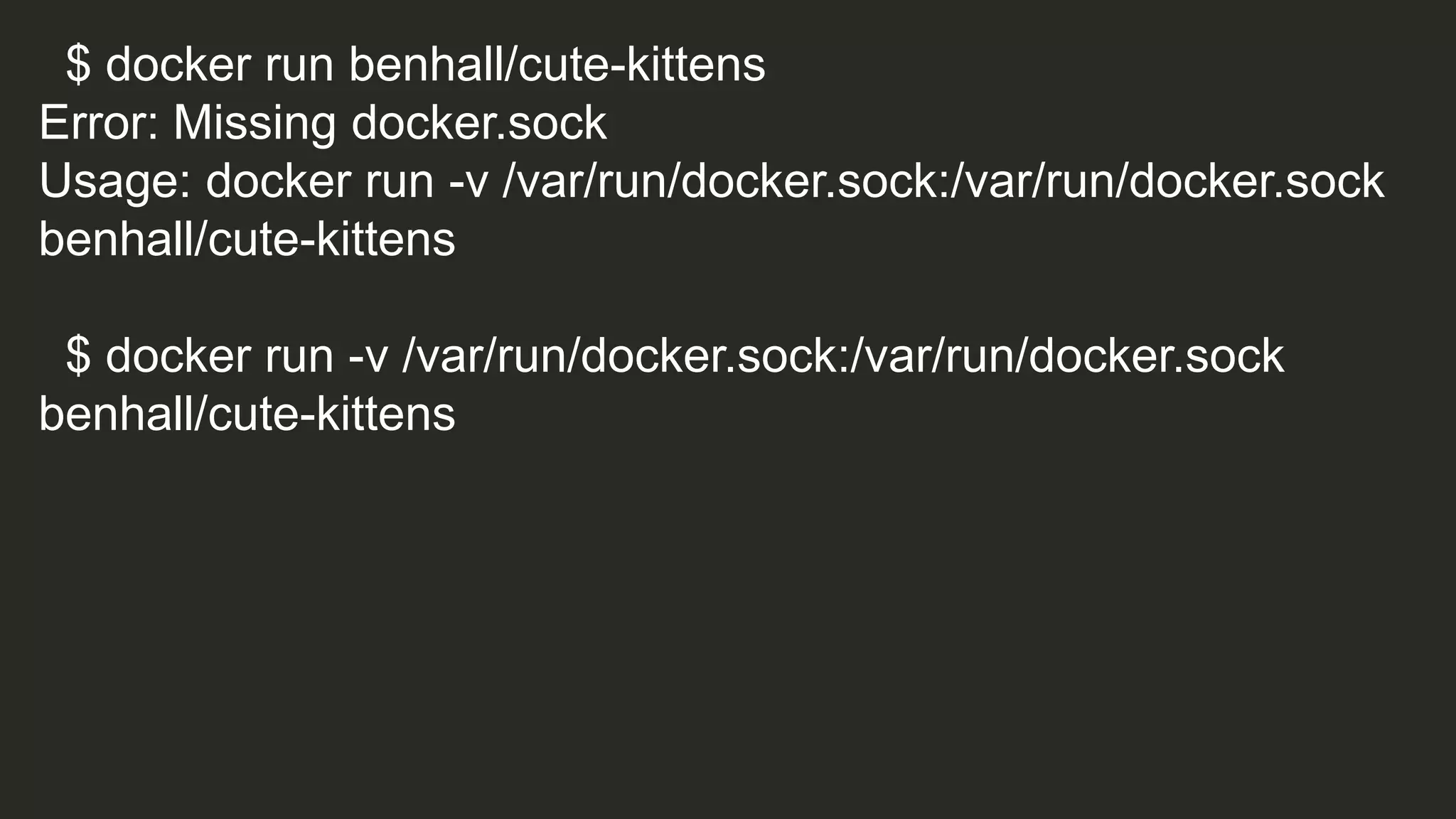 $ docker run benhall/cute-kittens
Error: Missing docker.sock
Usage: docker run -v /var/run/docker.sock:/var/run/docker.sock
benhall/cute-kittens
$ docker run -v /var/run/docker.sock:/var/run/docker.sock
benhall/cute-kittens
 