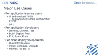Major Use Cases
• For application/service users
• IF self-serviced THEN
deploy/launch; simple configuration
ENDIF
• go...
• For application developers
• Develop, Commit, Test
• Build, Deploy, Push
• Pull, Patch, Push
• For cloud deployers/operators
• Build Infrastructure
• Install, Configure, Upgrade
• Monitor, Fix, Bill, 
 