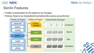 Senlin Features
• Profiles: A specification for the objects to be managed
• Policies: Rules to be checked/enforced before/after actions are performed
21
(others)
Senlin
Nova
Docker
Heat
Ironic BareMetal
VMs
Stacks
Containers
placement
deletion
scaling
health
load-balance
affinity
Policies as Plugins Profiles as Plugins Cluster/Nodes Managed
 