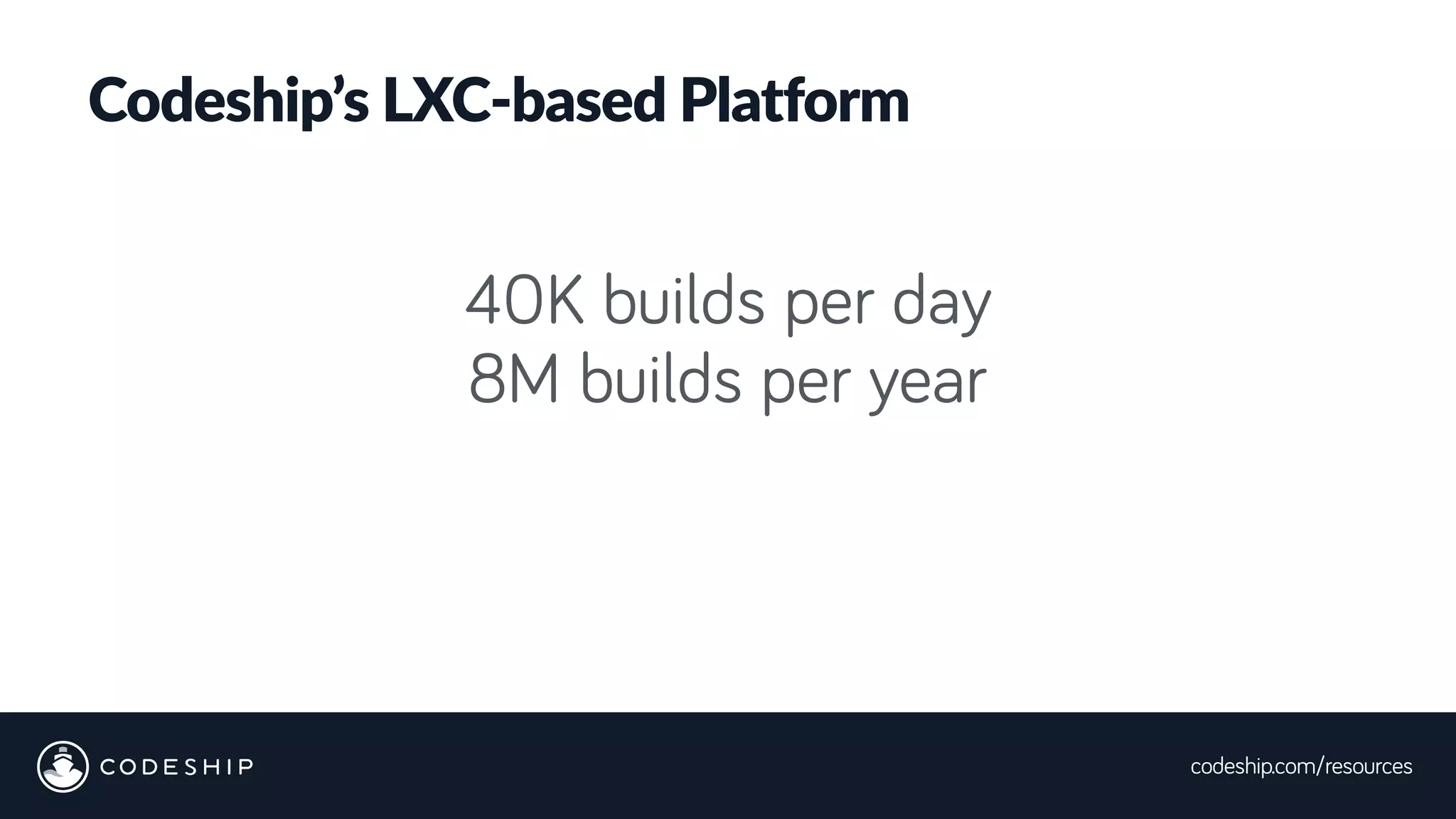 codeship.com/resources
Codeship’s LXC-based Platform
40K builds per day
8M builds per year
 
