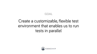 Create a customizable, flexible test
environment that enables us to run
tests in parallel
GOAL
 