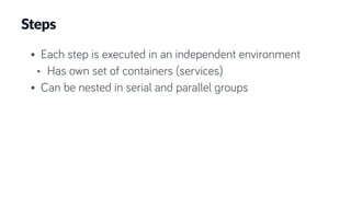 Steps
• Each step is executed in an independent environment
• Has own set of containers (services)
• Can be nested in serial and parallel groups
 