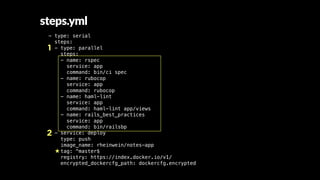 - type: serial
steps:
- type: parallel
steps:
- name: rspec
service: app
command: bin/ci spec
- name: rubocop
service: app
command: rubocop
- name: haml-lint
service: app
command: haml-lint app/views
- name: rails_best_practices
service: app
command: bin/railsbp
- service: deploy
type: push
image_name: rheinwein/notes-app
tag: ^master$
registry: https://index.docker.io/v1/
encrypted_dockercfg_path: dockercfg.encrypted
1
2
steps.yml
 