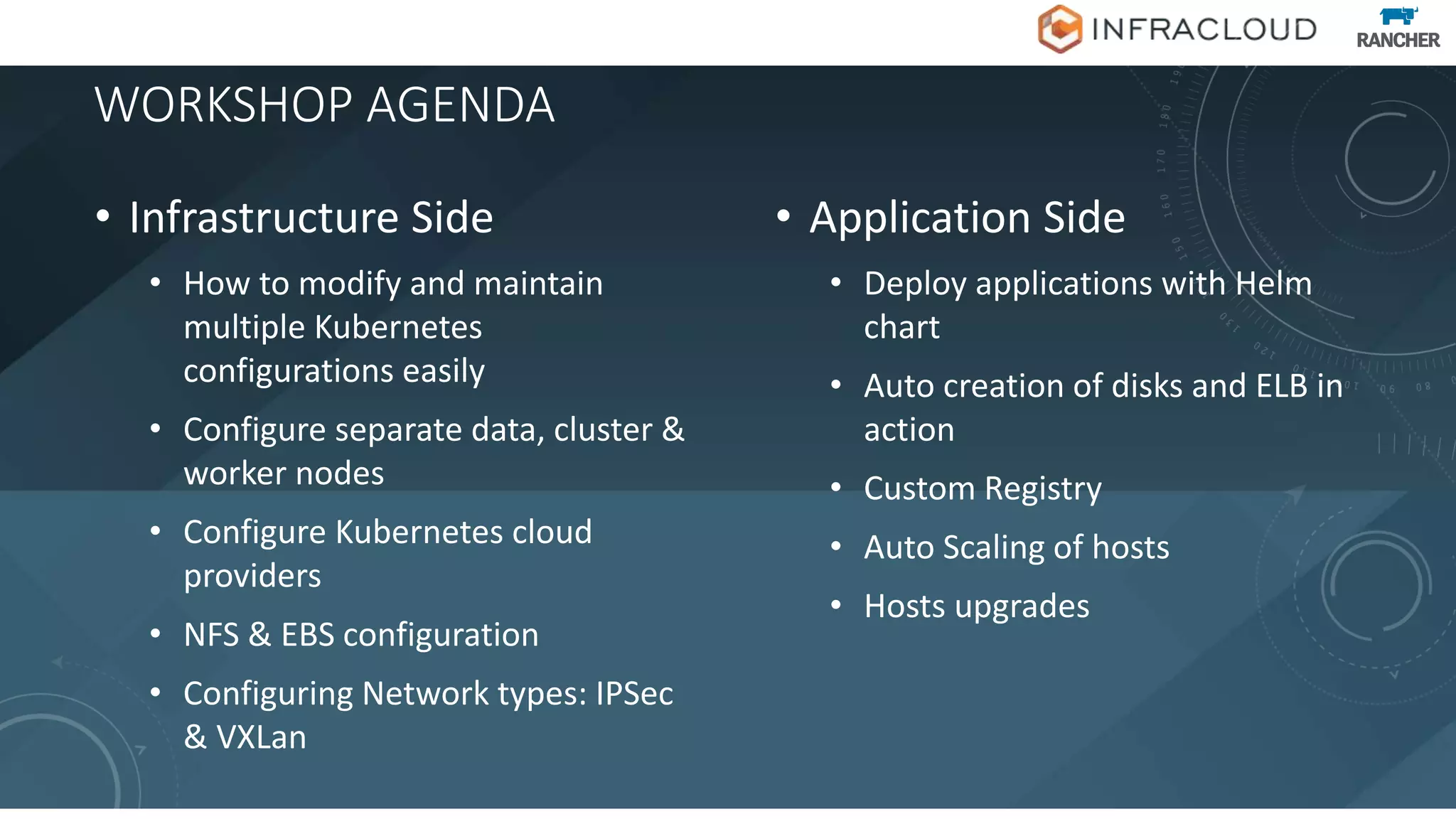 WORKSHOP AGENDA
• Infrastructure Side
• How to modify and maintain
multiple Kubernetes
configurations easily
• Configure separate data, cluster &
worker nodes
• Configure Kubernetes cloud
providers
• NFS & EBS configuration
• Configuring Network types: IPSec
& VXLan
• Application Side
• Deploy applications with Helm
chart
• Auto creation of disks and ELB in
action
• Custom Registry
• Auto Scaling of hosts
• Hosts upgrades
 