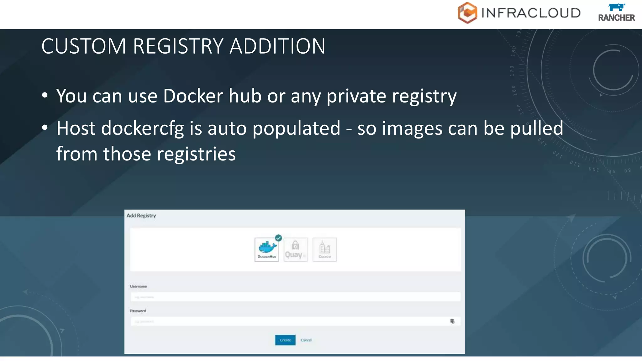 CUSTOM REGISTRY ADDITION
• You can use Docker hub or any private registry
• Host dockercfg is auto populated - so images can be pulled
from those registries
 