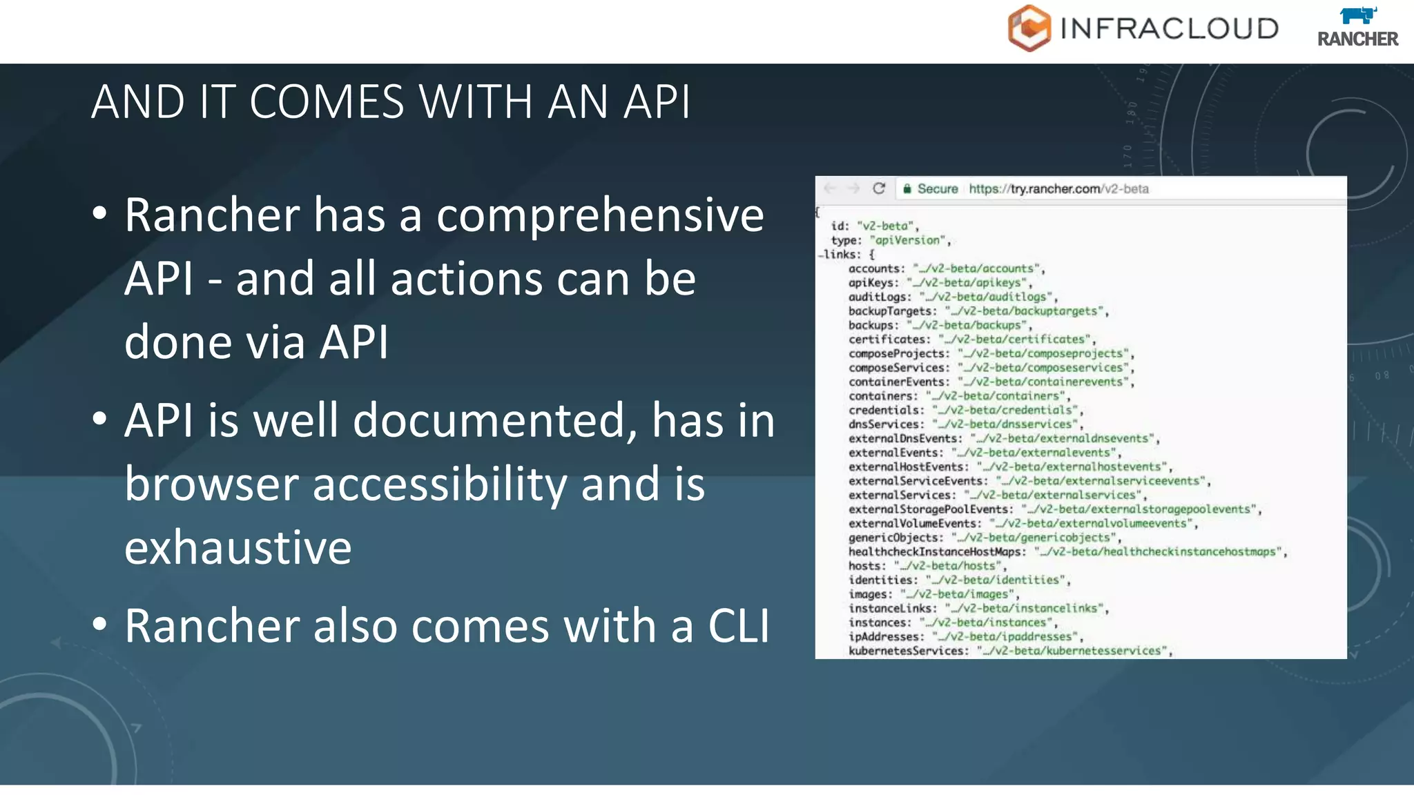 AND IT COMES WITH AN API
• Rancher has a comprehensive
API - and all actions can be
done via API
• API is well documented, has in
browser accessibility and is
exhaustive
• Rancher also comes with a CLI
 