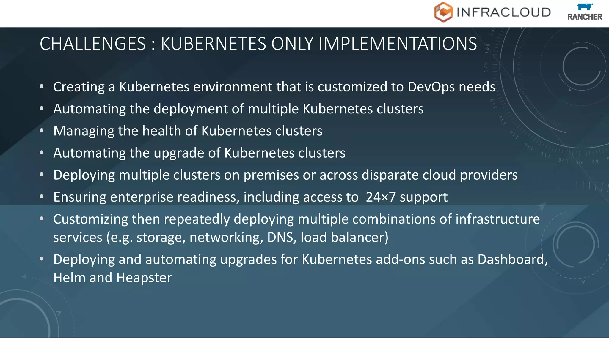 CHALLENGES : KUBERNETES ONLY IMPLEMENTATIONS
• Creating a Kubernetes environment that is customized to DevOps needs
• Automating the deployment of multiple Kubernetes clusters
• Managing the health of Kubernetes clusters
• Automating the upgrade of Kubernetes clusters
• Deploying multiple clusters on premises or across disparate cloud providers
• Ensuring enterprise readiness, including access to 24×7 support
• Customizing then repeatedly deploying multiple combinations of infrastructure
services (e.g. storage, networking, DNS, load balancer)
• Deploying and automating upgrades for Kubernetes add-ons such as Dashboard,
Helm and Heapster
 
