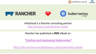 infraCloud is a Rancher consulting partner
http://rancher.com/partners-index/
Rancher has published a FREE eBook on
“Scaling and deploying Kubernetes”
http://info.rancher.com/deploying-scaling-kubernetes-ebook
 