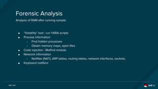 RED HAT
● “Volatility” tool : run YARA scripts
● Process information
○ Find hidden processes
○ Obtain memory maps, open fi...
