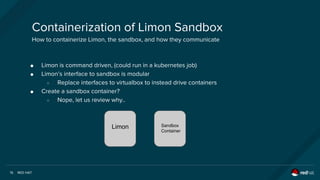 RED HAT15
● Limon is command driven, (could run in a kubernetes job)
● Limon’s interface to sandbox is modular
○ Replace i...