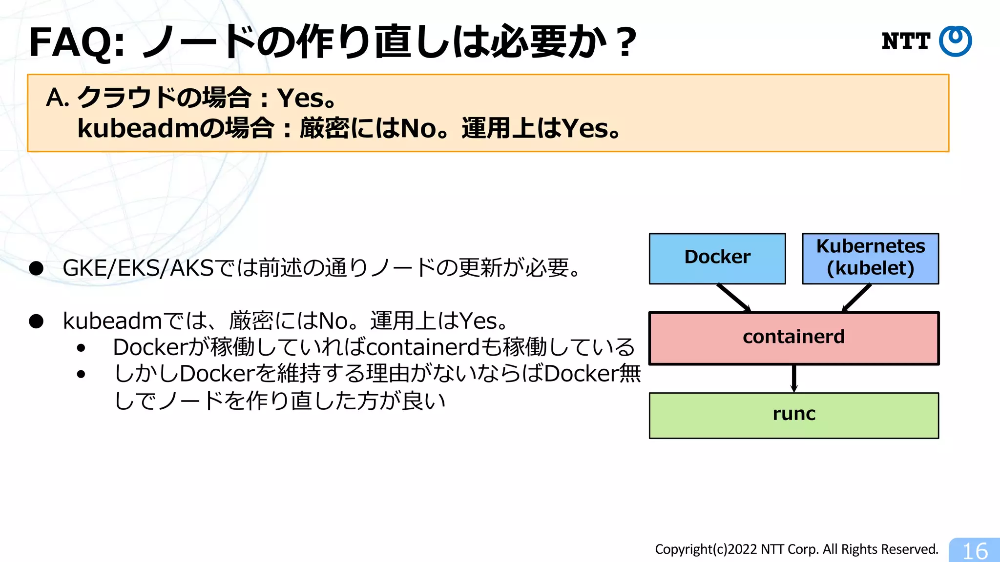 Copyright(c)2022 NTT Corp. All Rights Reserved.
FAQ: ノードの作り直しは必要か︖
16
● GKE/EKS/AKSでは前述の通りノードの更新が必要。
● kubeadmでは、厳密にはNo。運⽤上はYes。
• Dockerが稼働していればcontainerdも稼働している
• しかしDockerを維持する理由がないならばDocker無
しでノードを作り直した⽅が良い
containerd
Docker
Kubernetes
(kubelet)
runc
クラウドの場合︓Yes。
kubeadmの場合︓厳密にはNo。運⽤上はYes。
A.
 