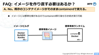 Copyright(c)2022 NTT Corp. All Rights Reserved.
FAQ: イメージを作り直す必要はあるか？
14
A. No。既存のコンテナイメージがそのままcontainerdで使える。
標準準拠ランタイム
Docker
Docker
BuildKit
Kaniko
イメージビルダ
etc&hellip;
etc&hellip;
● イメージには標準仕様があるのでcontainerd移行後も引き続き実行可能
標準準拠イメージ
 