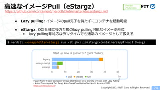 Copyright(c)2022 NTT Corp. All Rights Reserved.
高速なイメージPull（eStargz）
24
● Lazy pulling: イメージのpull完了を待たずにコンテナを起動可能
● eStargz: OCI仕様に後方互換のlazy pulling可能なイメージ形式
&bull; lazy pulling非対応なランタイムでも通常のイメージとして扱える
0 10 20 30 40 50
estargz
estargz-noopt
legacy
Start up time of python:3.7 (print &ldquo;hello&rdquo;)
pull create run [se
c]
Figure from &ldquo;Faster Container Image Distribution on a Variety of Tools with Lazy Pulling
- Kohei Tokunaga & Tao Peng. KubeCon+CloudNativeCon North America 2021.
https://sched.co/lV2a &ldquo;
$ nerdctl &ndash;-snapshotter=stargz run &ndash;it ghcr.io/stargz-containers/python:3.9-esgz
https://github.com/containerd/nerdctl/blob/master/docs/stargz.md
✅nerdctl
✅Kubernetes
 