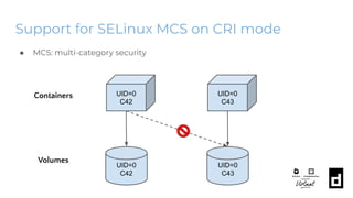 Support for SELinux MCS on CRI mode
● MCS: multi-category security
Containers
Volumes
UID=0
C42
UID=0
C42
UID=0
C43
UID=0
C43
 