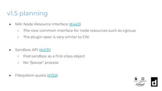 v1.5 planning
● NRI: Node Resource Interface (#4411)
○ The new common interface for node resources such as cgroup
○ The plugin spec is very similar to CNI
● Sandbox API (#4131)
○ Pod sandbox as a ﬁrst-class object
○ No “/pause” process
● Filesystem quota (#759)
 