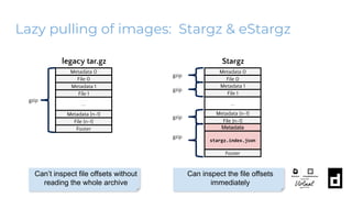 Lazy pulling of images: Stargz & eStargz
● eStargz proﬁles the actual ﬁle access pattern and reorders the ﬁle entries,
so ...