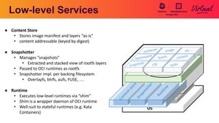 Low-level Services
OS
container image etc…
namespace
leases content
snapshots
CRI tasks
C
o
n
t
e
n
t
s
t
o
r
e
S
n
a
p
s
h
o
t
t
e
r
R
u
n
t
i
m
e
● Content Store
• Stores image manifest and layers “as-is”
• content addressable (keyed by digest)
● Snapshotter
• Manages ”snapshots”
• Extracted and stacked view of rootfs layers
• Passed to OCI runtimes as rootfs
• Snapshotter impl. per backing filesystem
• Overlayfs, btrfs, aufs, FUSE, …
● Runtime
• Executes low-level runtimes via “shim”
• Shim is a wrapper daemon of OCI runtime
• Well-suit to stateful runtimes (e.g. Kata
Containers)
 