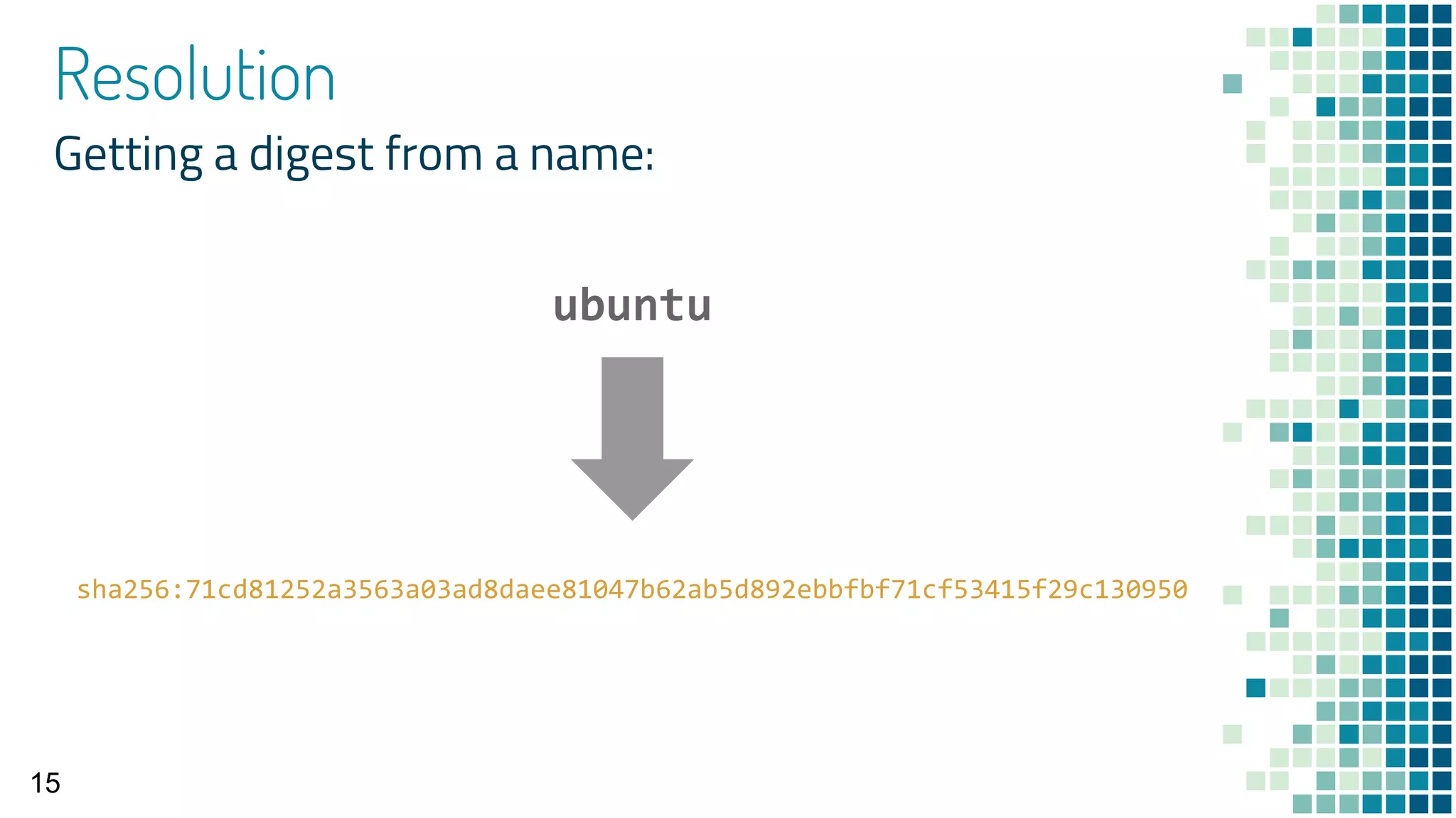 Resolution
Getting a digest from a name:
15
ubuntu
sha256:71cd81252a3563a03ad8daee81047b62ab5d892ebbfbf71cf53415f29c130950
 